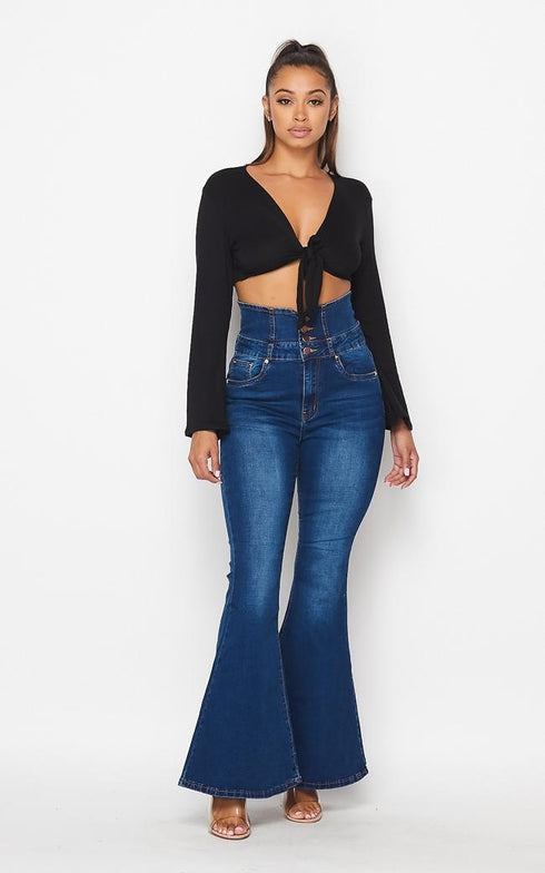 Belted Waist Bell Bottom Jeans - Dark Denim - SohoGirl.com